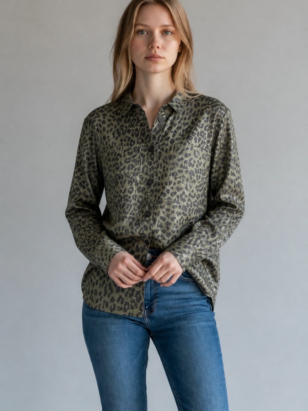 ZARA Olive Green Leopard-Print Button Shirt Jacket